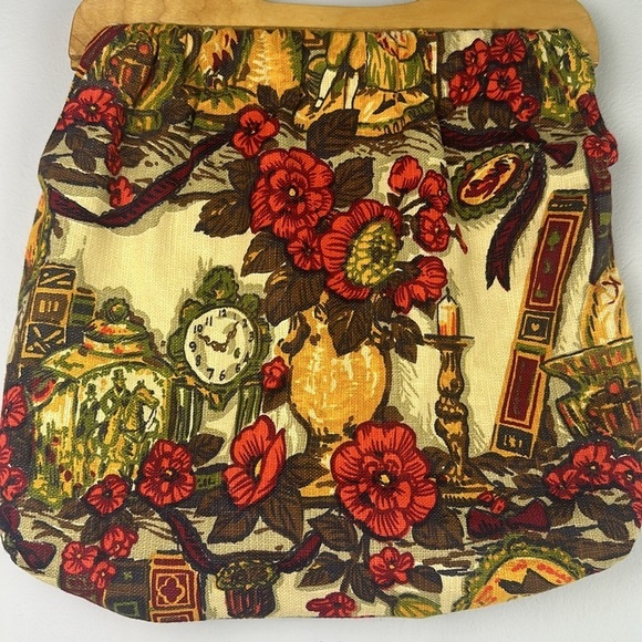 Vintage Sewing Knitting Crafting Bag Wooden Handle Novelty Fabric Old Fashion - Picture 6 of 16